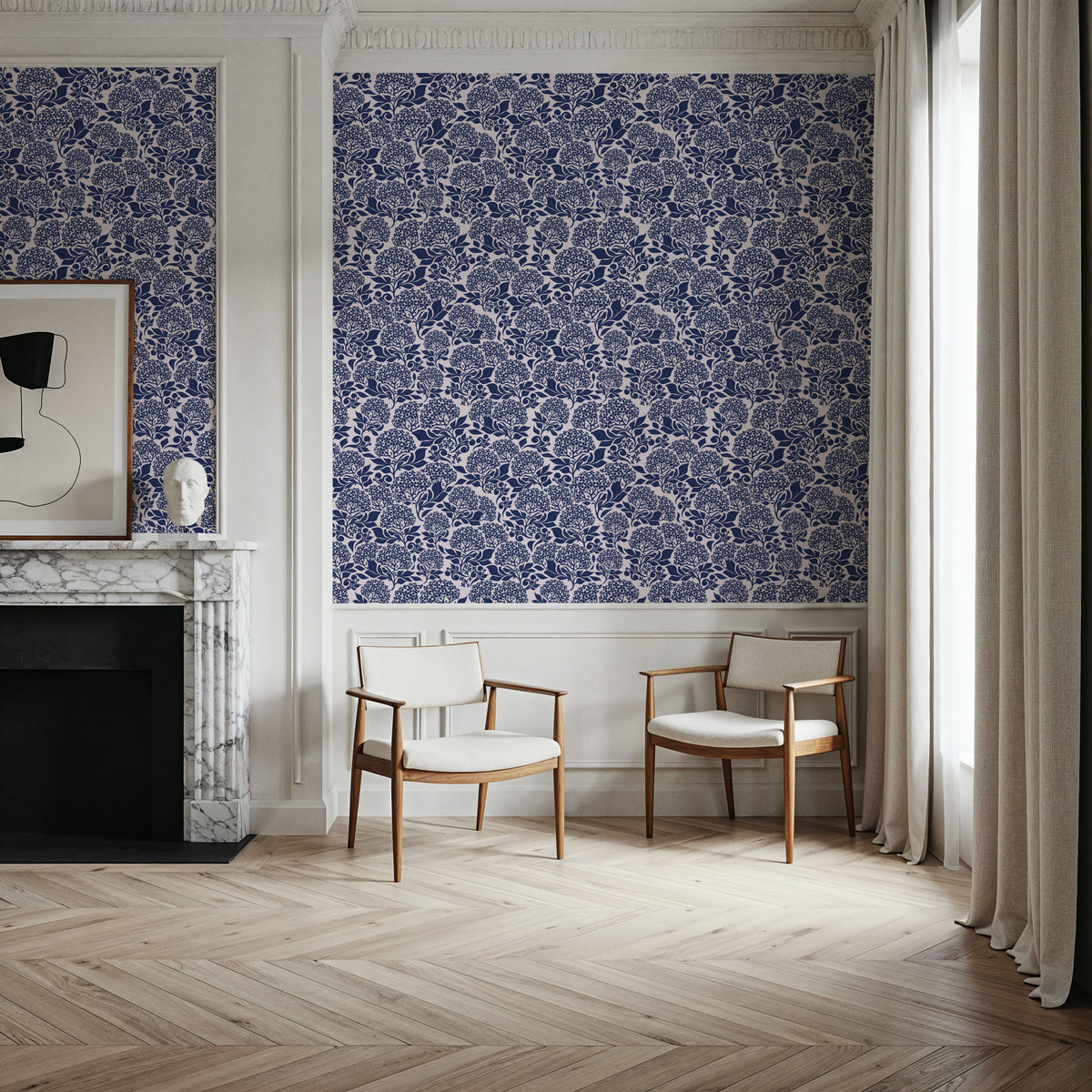 Hydrangea, Navy on Cream Mural Wallpaper - room preview 06