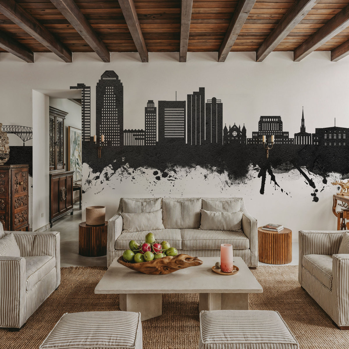 Shreveport Louisiana Skyline Black & White Mural Wallpaper - room preview 06