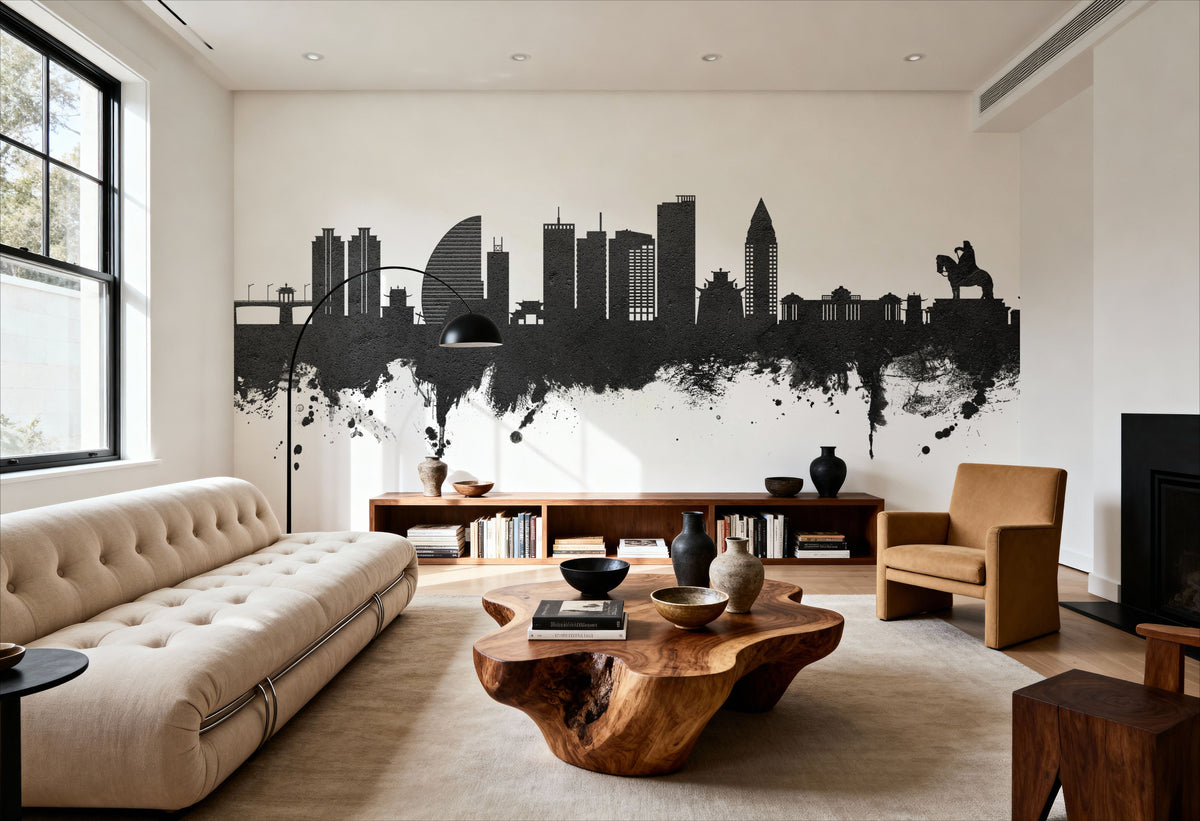 Ulaanbaatar Mongolia Skyline Black & White Mural Wallpaper - room preview 06