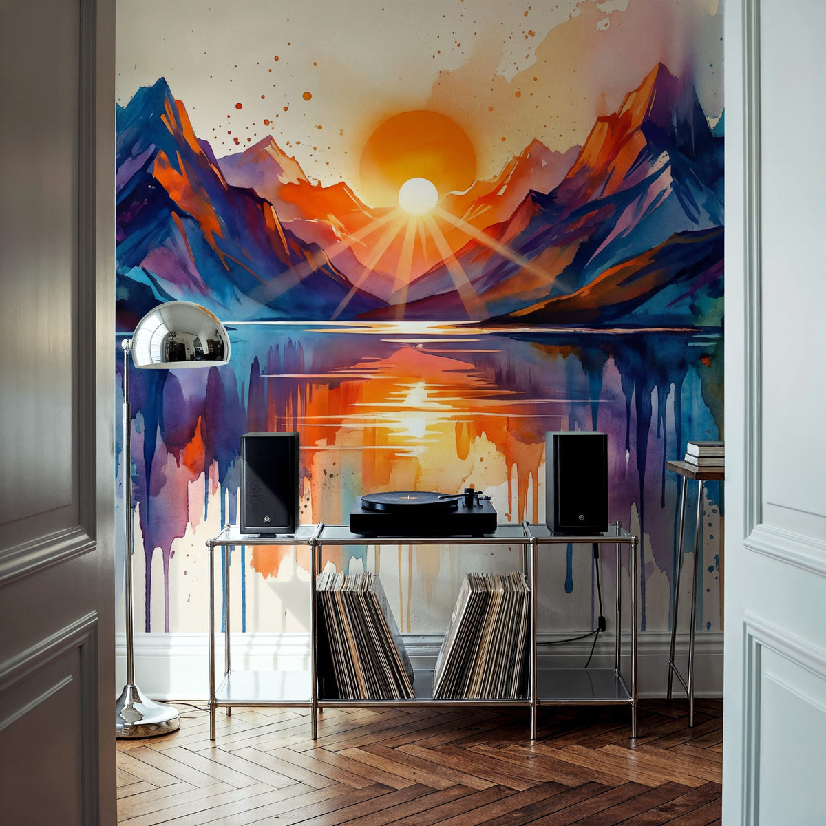 Mountain Lake - Watercolor Sunset Series Mural Wallpaper - room preview 06