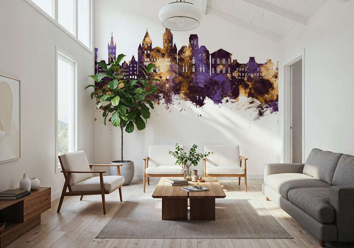 Trier Germany Skyline Purple & Gold Mural Wallpaper - room preview 06
