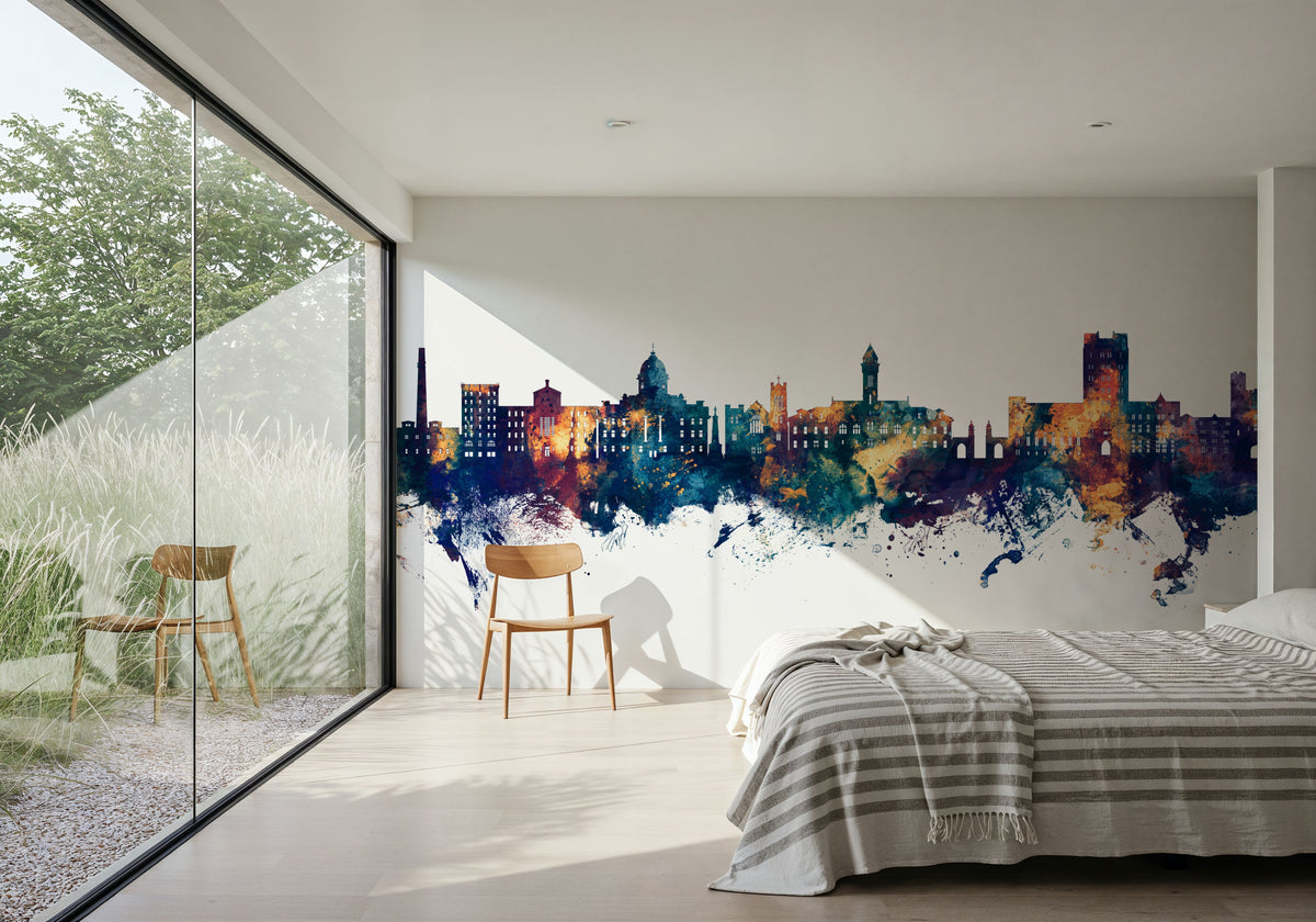 Bloomington Indiana Skyline Blue & Bronze Mural Wallpaper - room preview 06