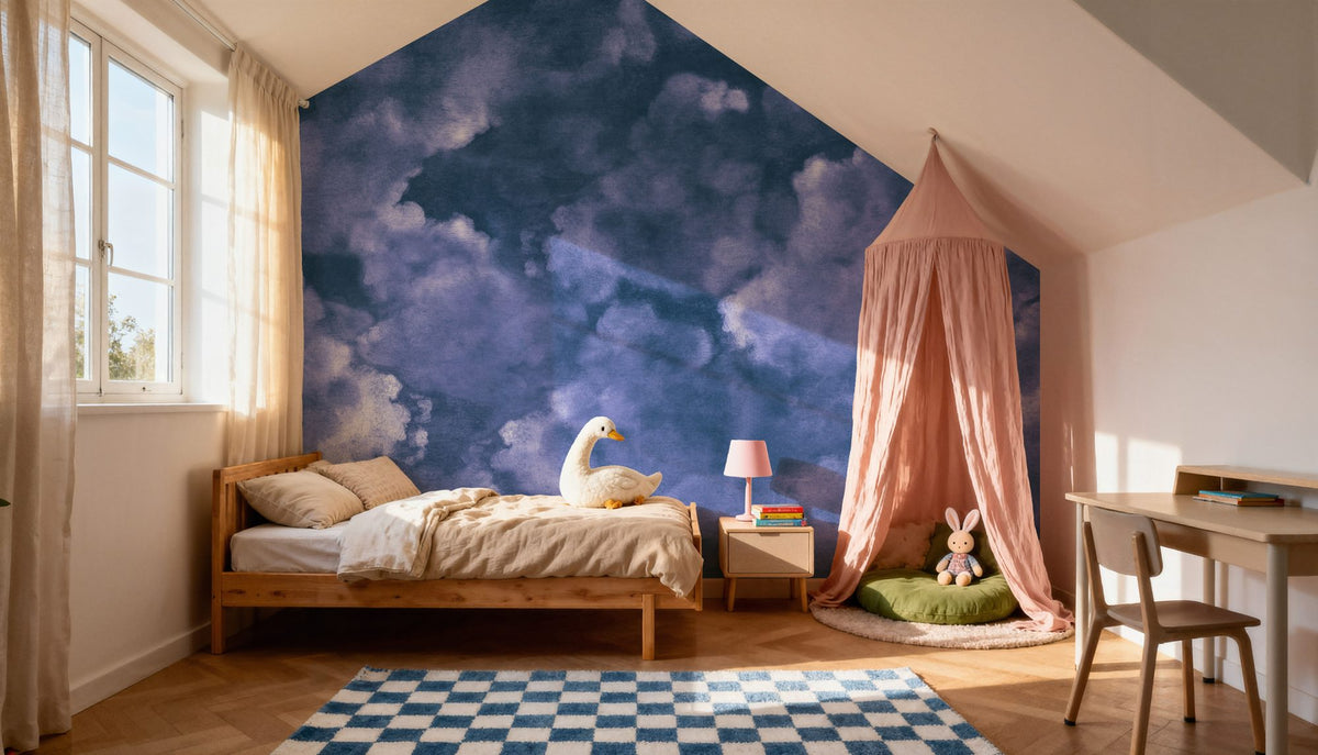 Painted Dreamy Clouds, Purple Mural Wallpaper - room preview 06