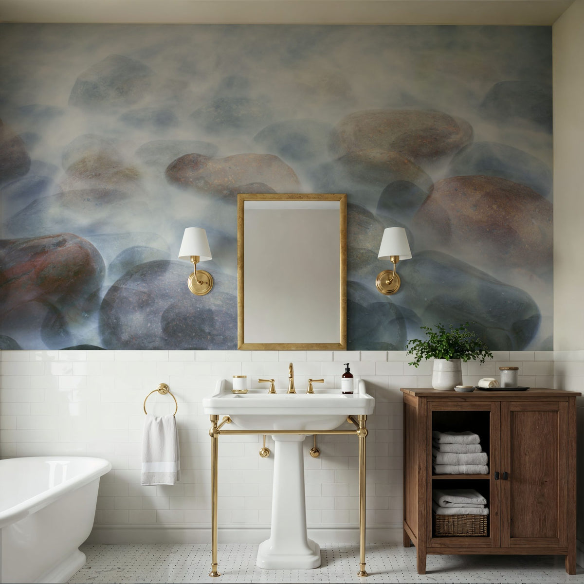 Misty River Stones Mural Wallpaper - room preview 06