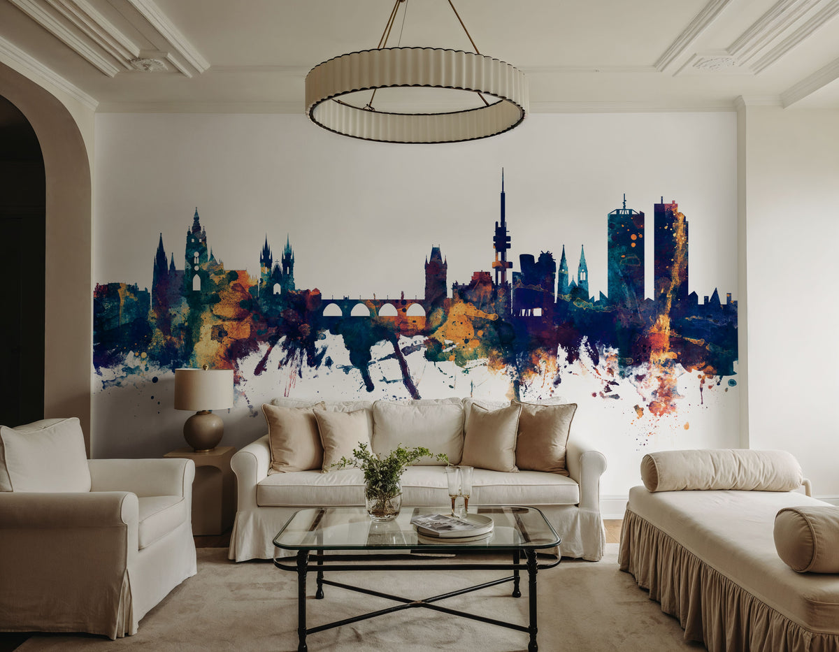 Prague (Praha) Czech Republic Skyline Blue & Bronze Mural Wallpaper - room preview 06