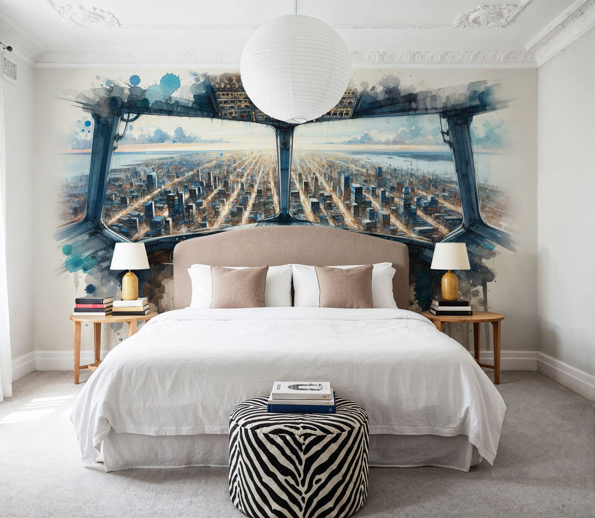 Cityscape From Airplane Cockpit Mural Wallpaper - room preview 06