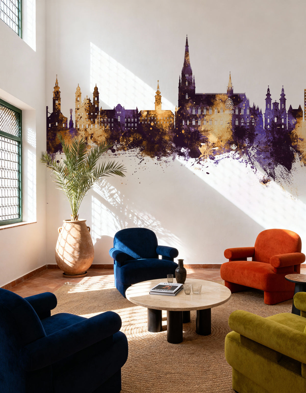Linz Austria Skyline Purple & Gold Mural Wallpaper - room preview 06