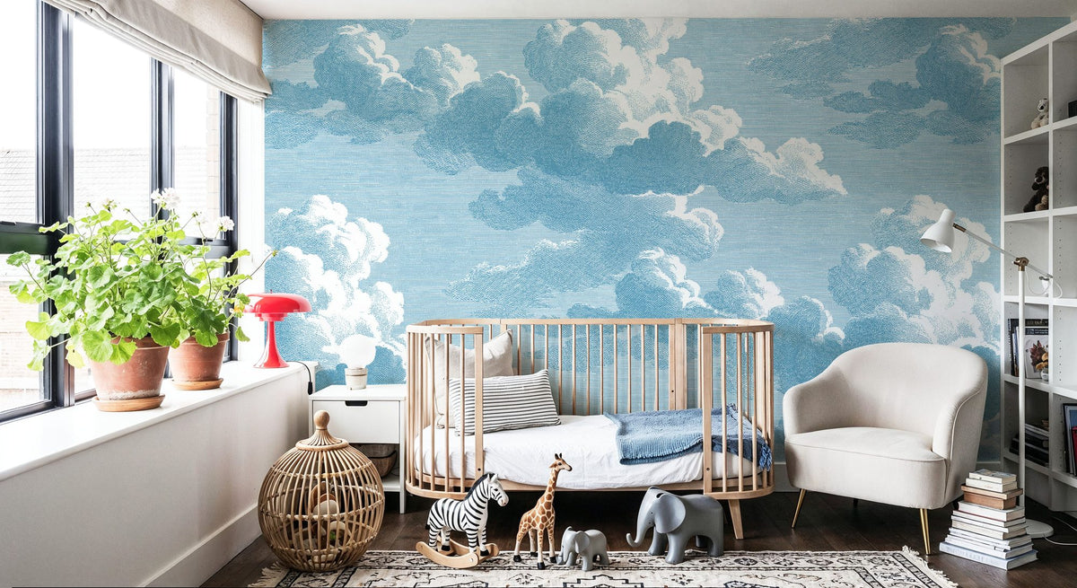 Intaglio Clouds, Washed Demin Mural Wallpaper - room preview 06