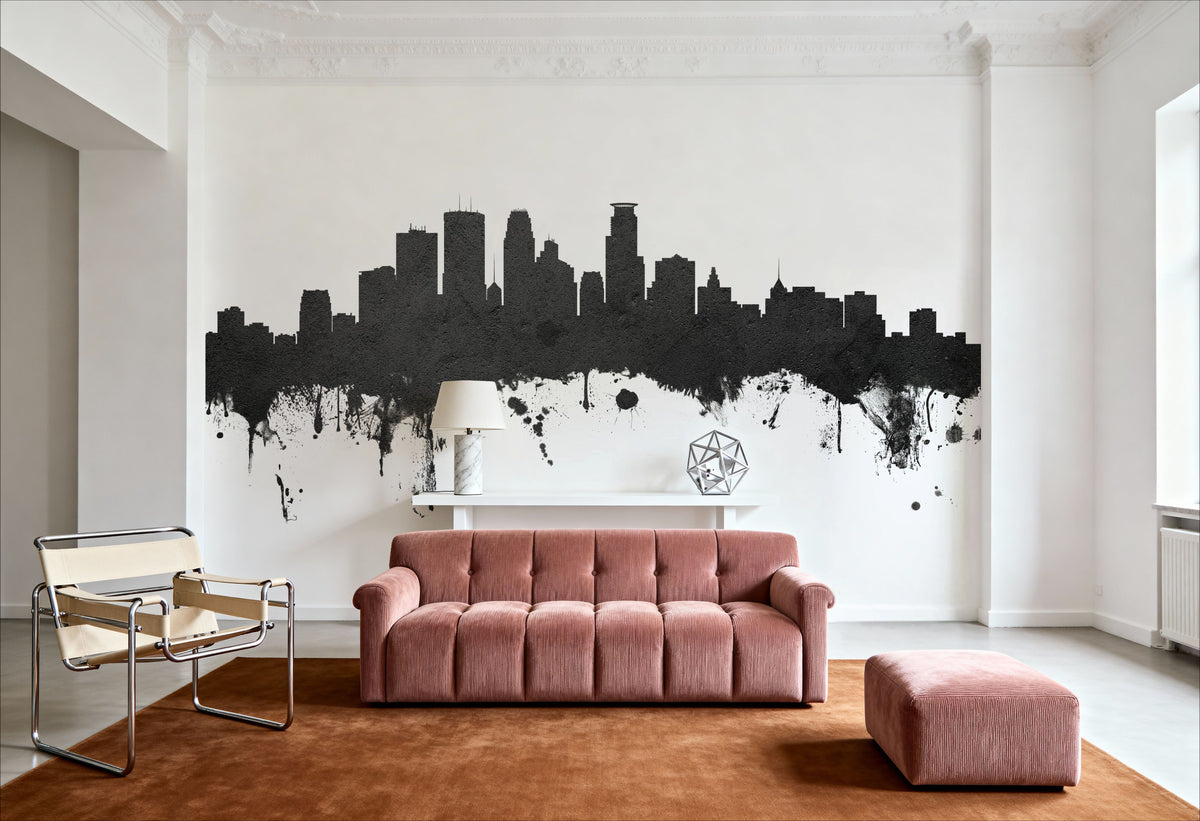 Minneapolis Minnesota Skyline Black & White Mural Wallpaper - room preview 06