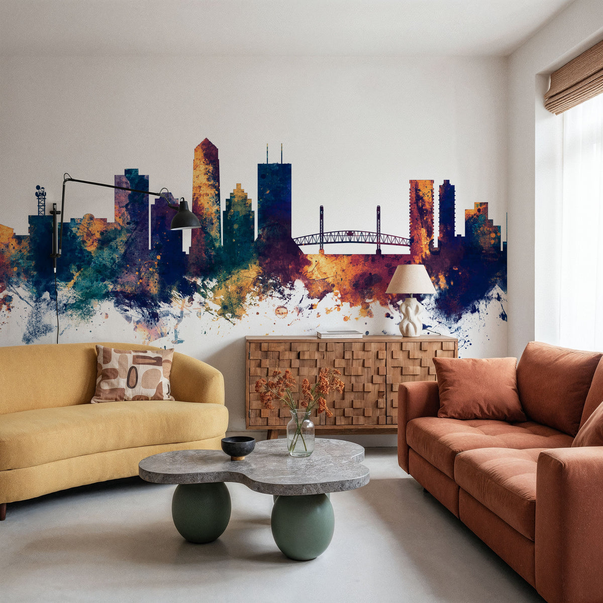 Jacksonville Florida Skyline Blue & Bronze Mural Wallpaper - room preview 06