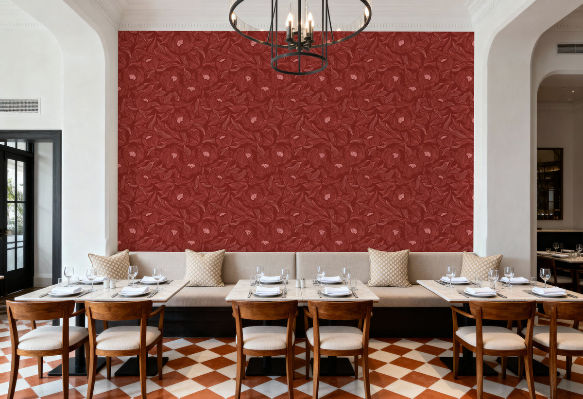 Hidden Peonies, Pink on Brick Mural Wallpaper - room preview 06