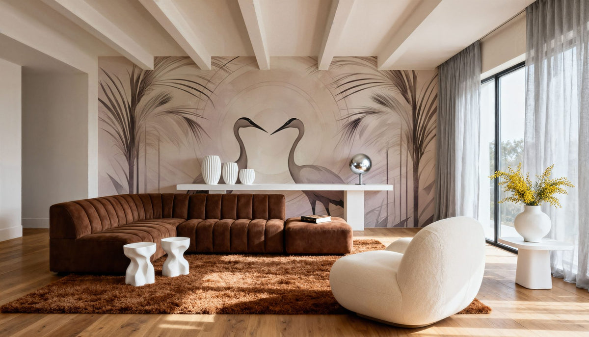 Cranes At Sunset Pink Mural Wallpaper - room preview 06