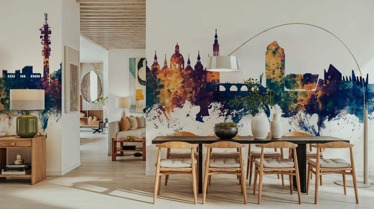 Zaragoza Spain Skyline Blue & Bronze Mural Wallpaper - room preview 06