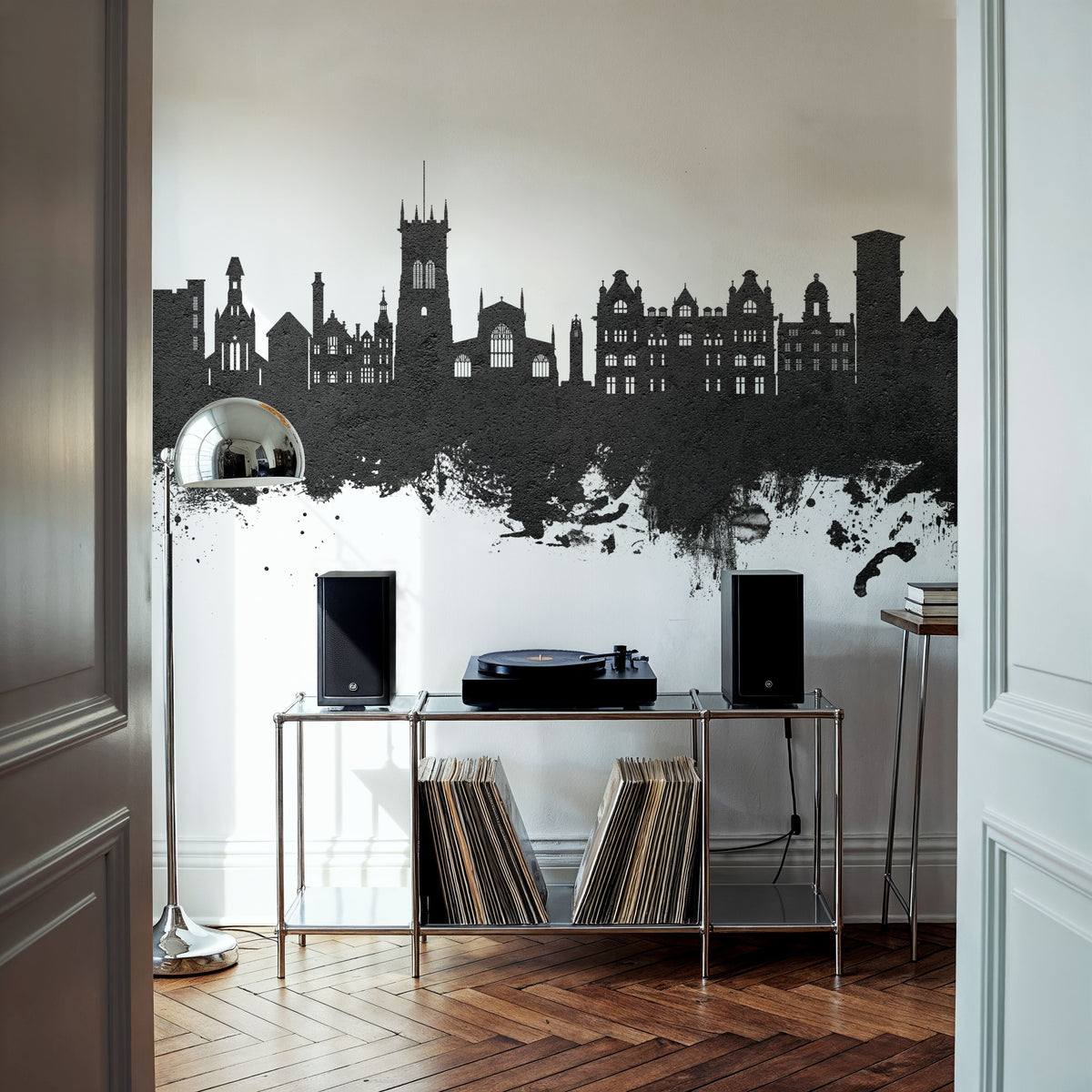 Wigan England Skyline Black & White Mural Wallpaper - room preview 06