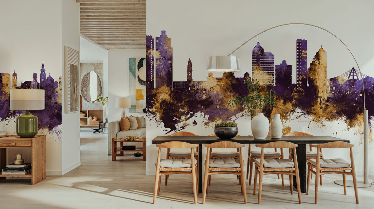 Durban South Africa Skyline Purple & Gold Mural Wallpaper - room preview 06