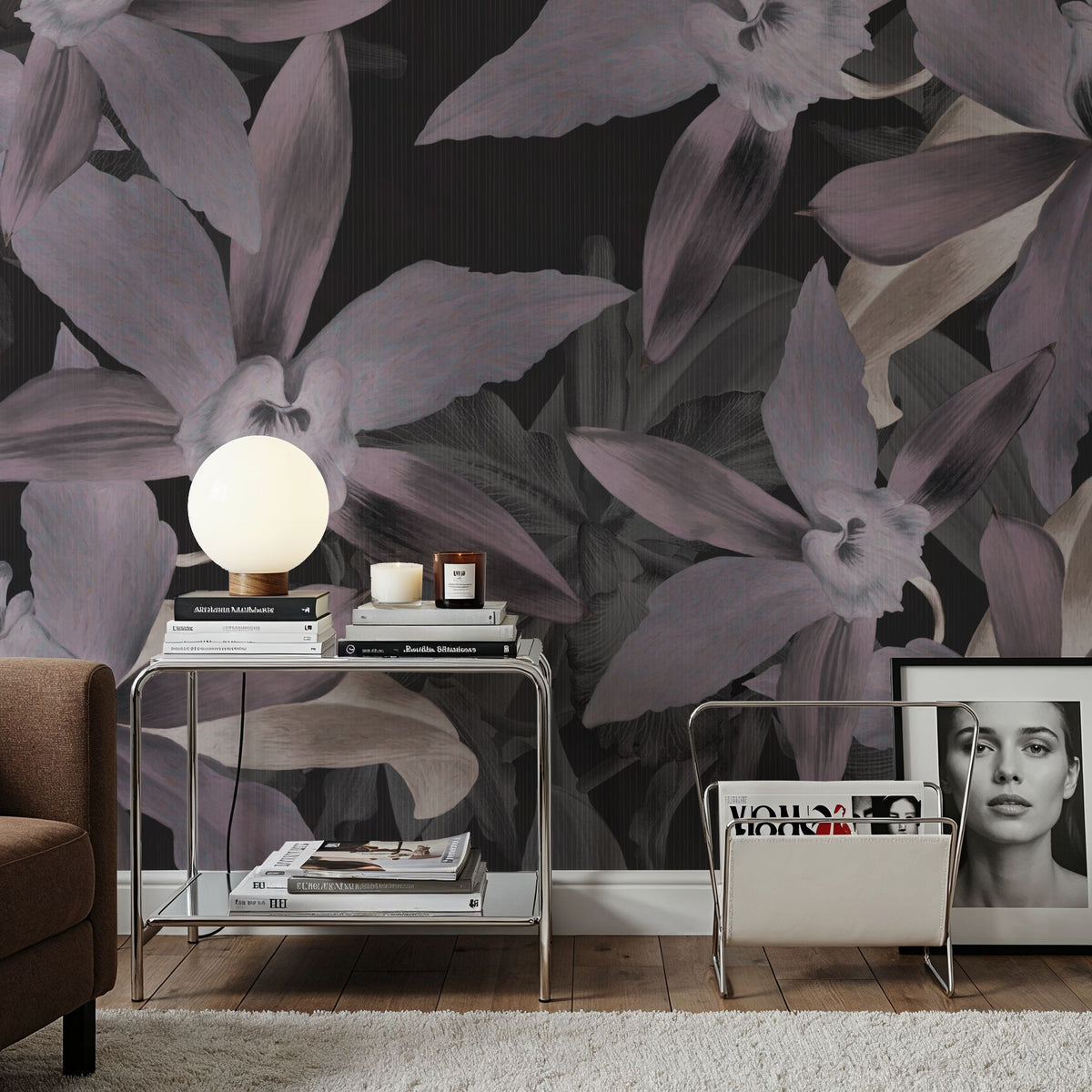 Big Orchids Dark Purple Mural Wallpaper - room preview 06
