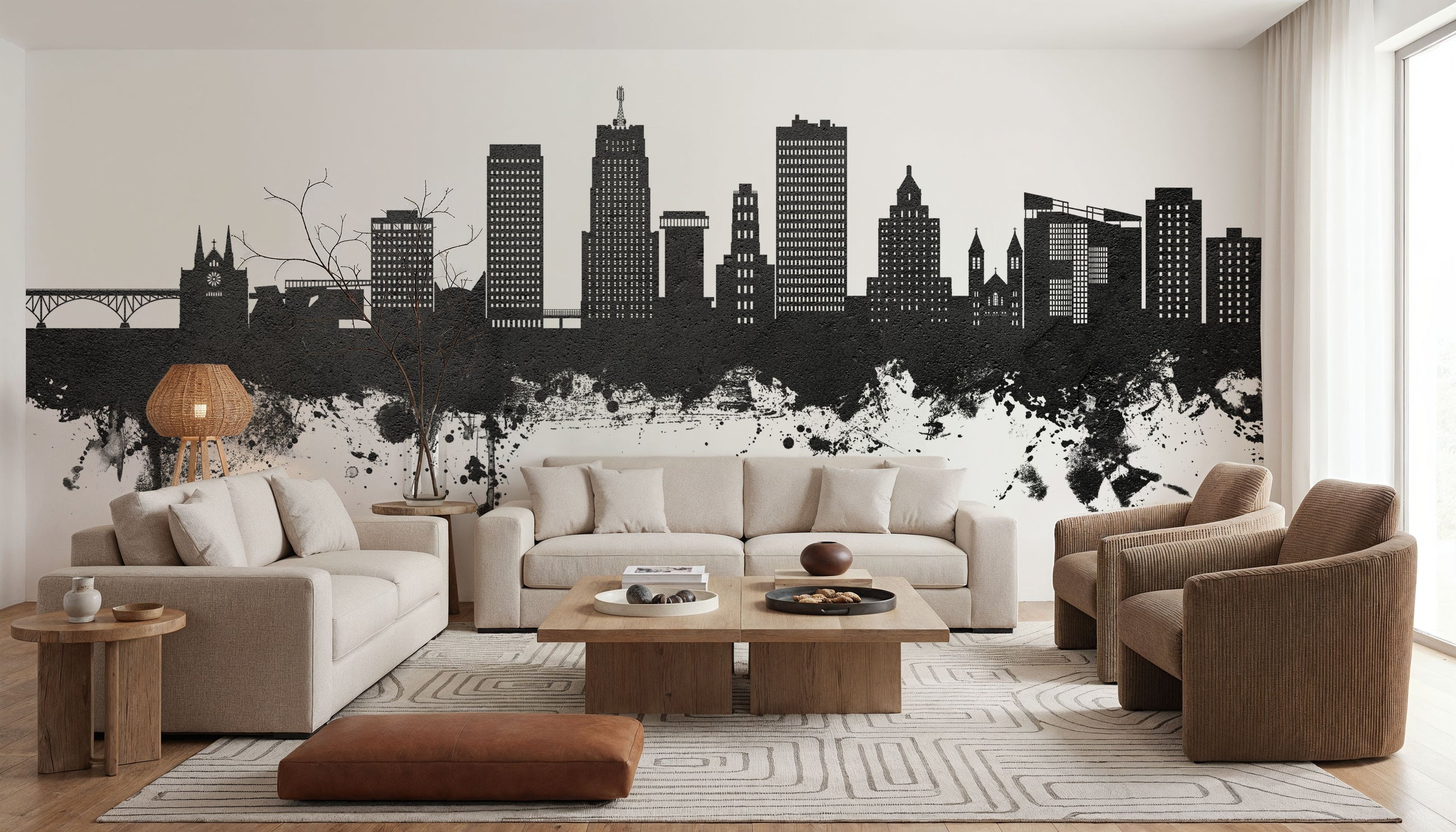 Akron Ohio Skyline Black & White Mural Wallpaper