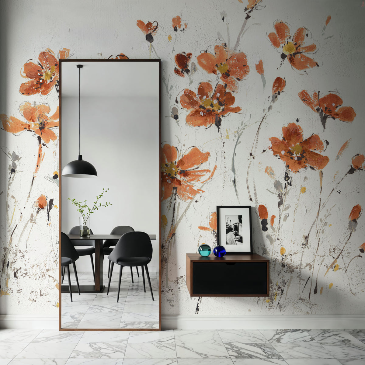 Wildflowers III Orange on White Mural Wallpaper - room preview 06