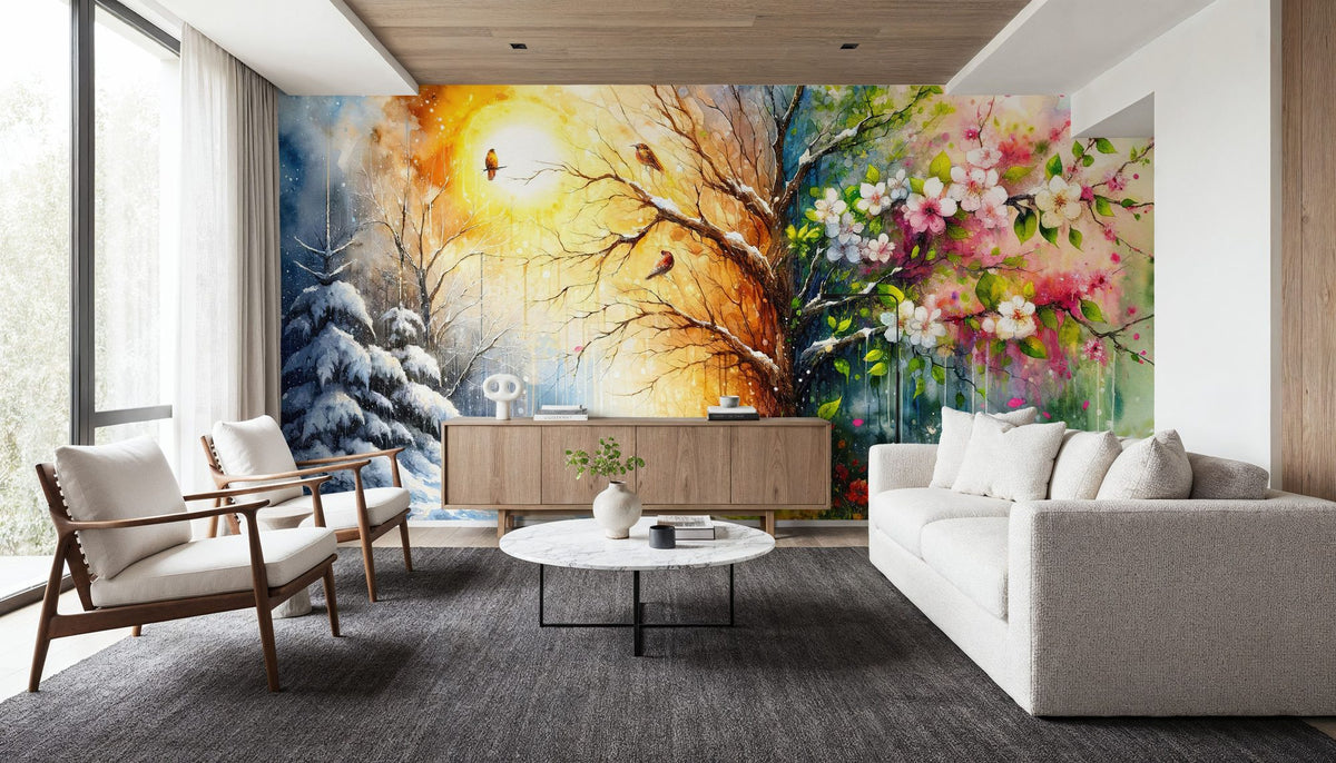 From Winter to Summer in Watercolor Mural Wallpaper - room preview 06