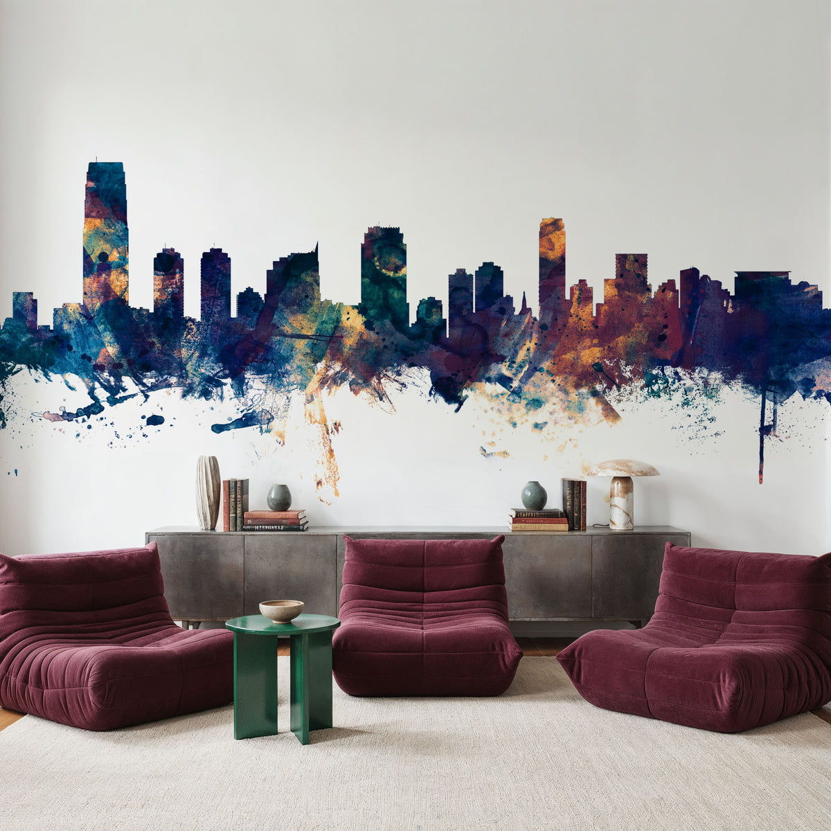 Jersey City New York Skyline Blue & Bronze Mural Wallpaper - room preview 06