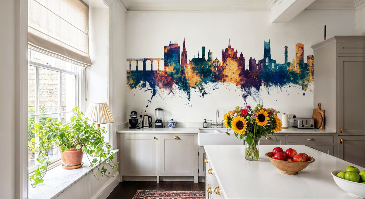 Huddersfield England Skyline Blue & Bronze Mural Wallpaper - room preview 06