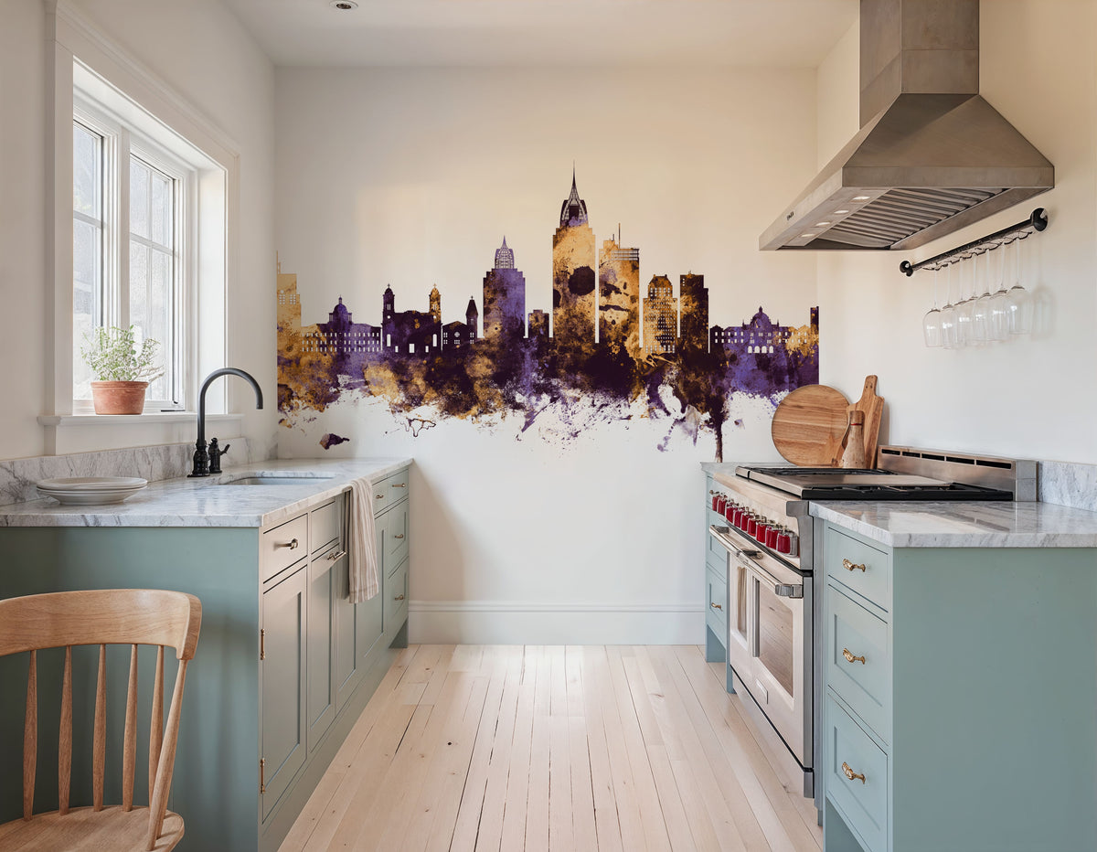 Mobile Alabama Skyline Purple & Gold Mural Wallpaper - room preview 06
