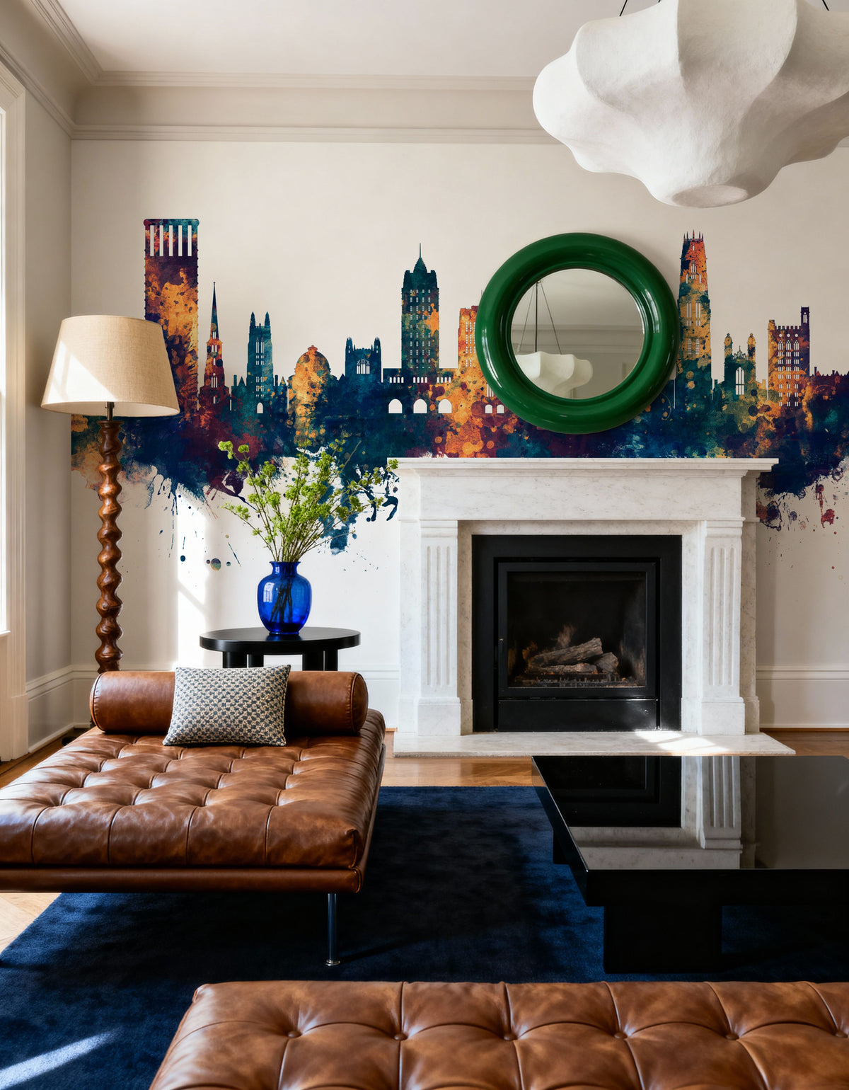 New Haven Connecticut Skyline Blue & Bronze Mural Wallpaper - room preview 06