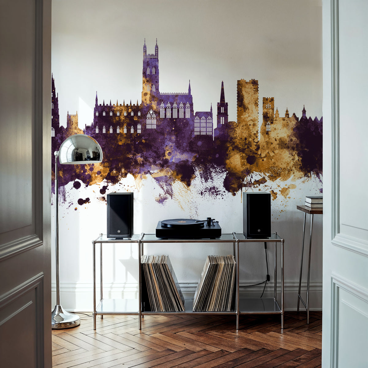 Gloucester England Skyline Purple & Gold Mural Wallpaper - room preview 06