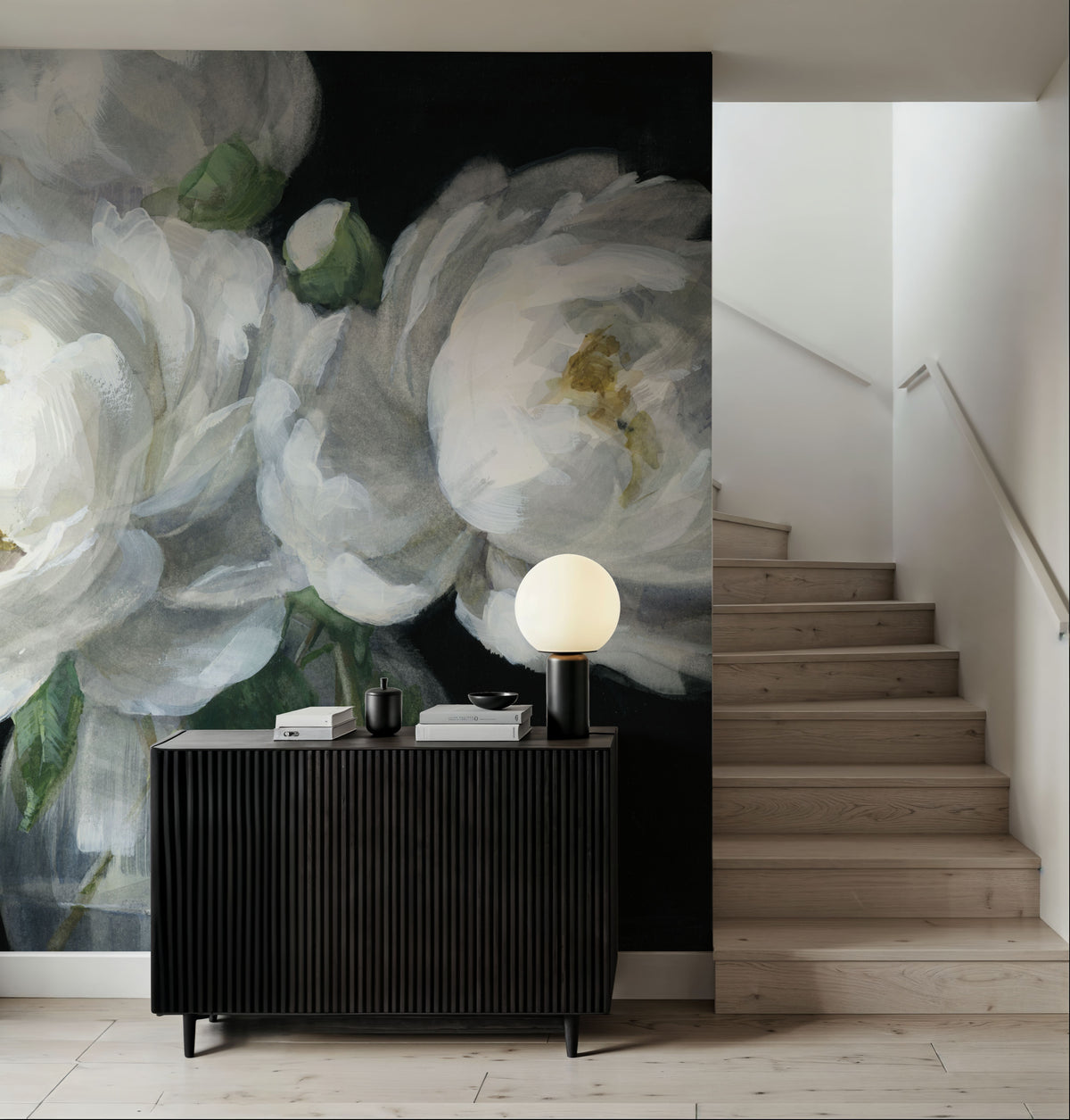 White Peonies in Glass Mural Wallpaper - room preview 06
