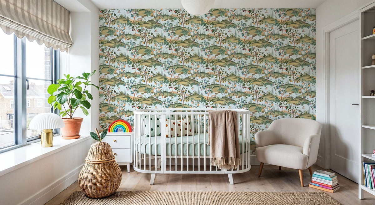 Orchard Reverie Pattern, Sky Blue Mural Wallpaper - room preview 06