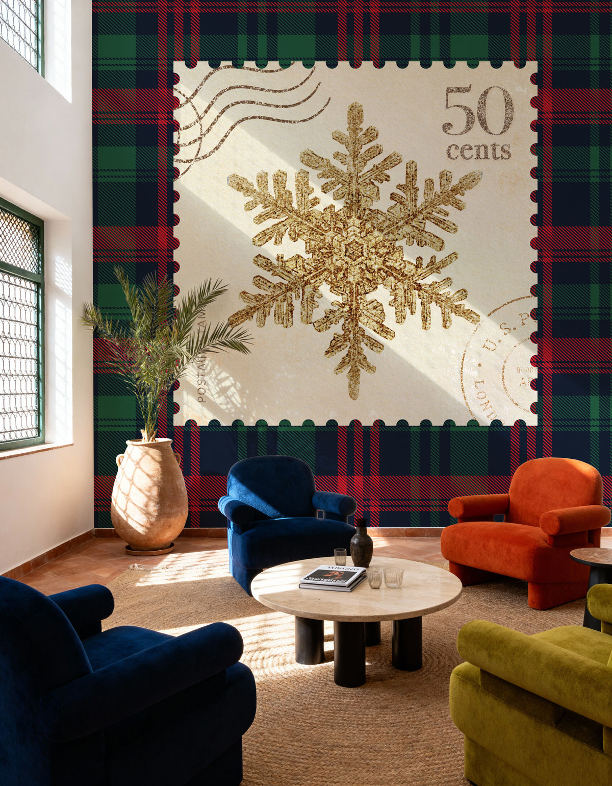 Plaid Christmas Stamp II Mural Wallpaper - room preview 06
