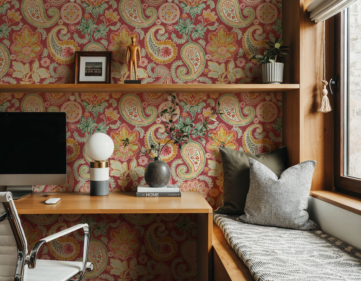 Harvest Paisley Mini Red Mural Wallpaper - room preview 06