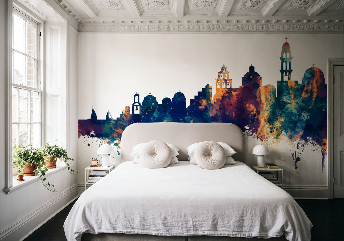 Santorini Skyline Blue & Bronze Mural Wallpaper - room preview 06