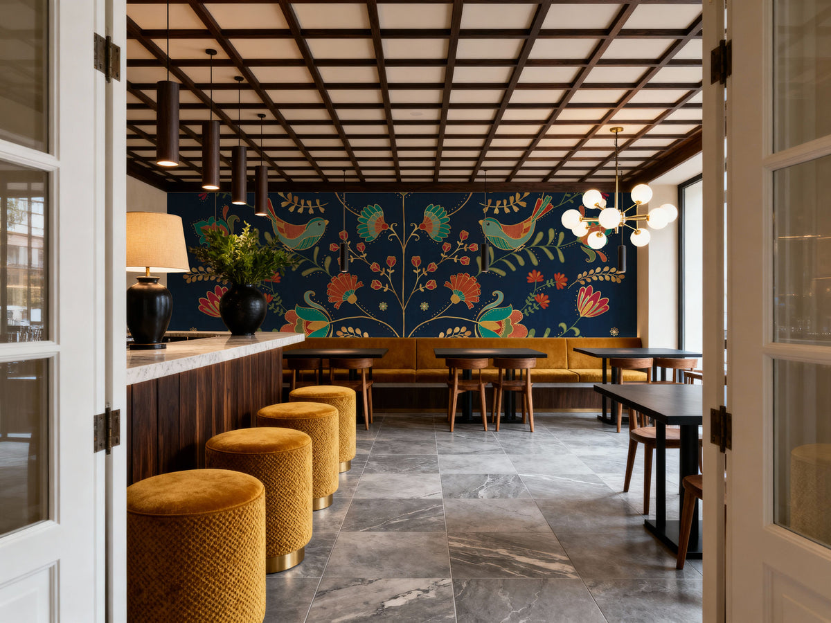 Folk Floral I Dark Mural Wallpaper - room preview 06