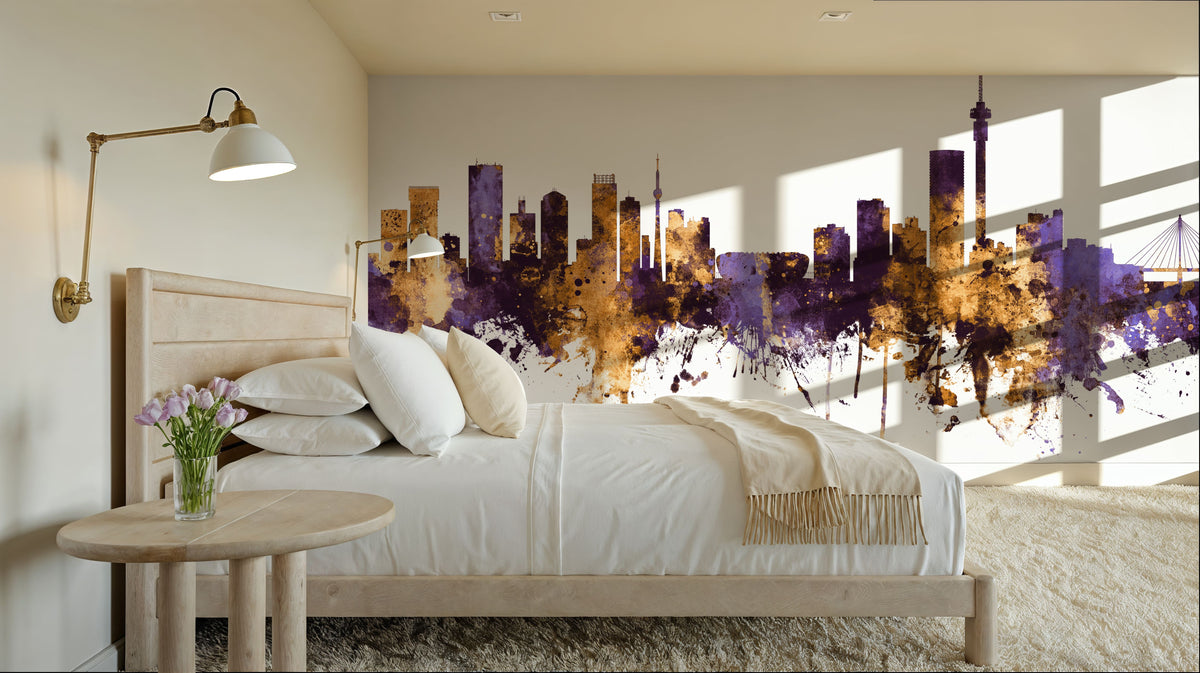 Johannesburg South Africa Skyline Purple & Gold Mural Wallpaper - room preview 06