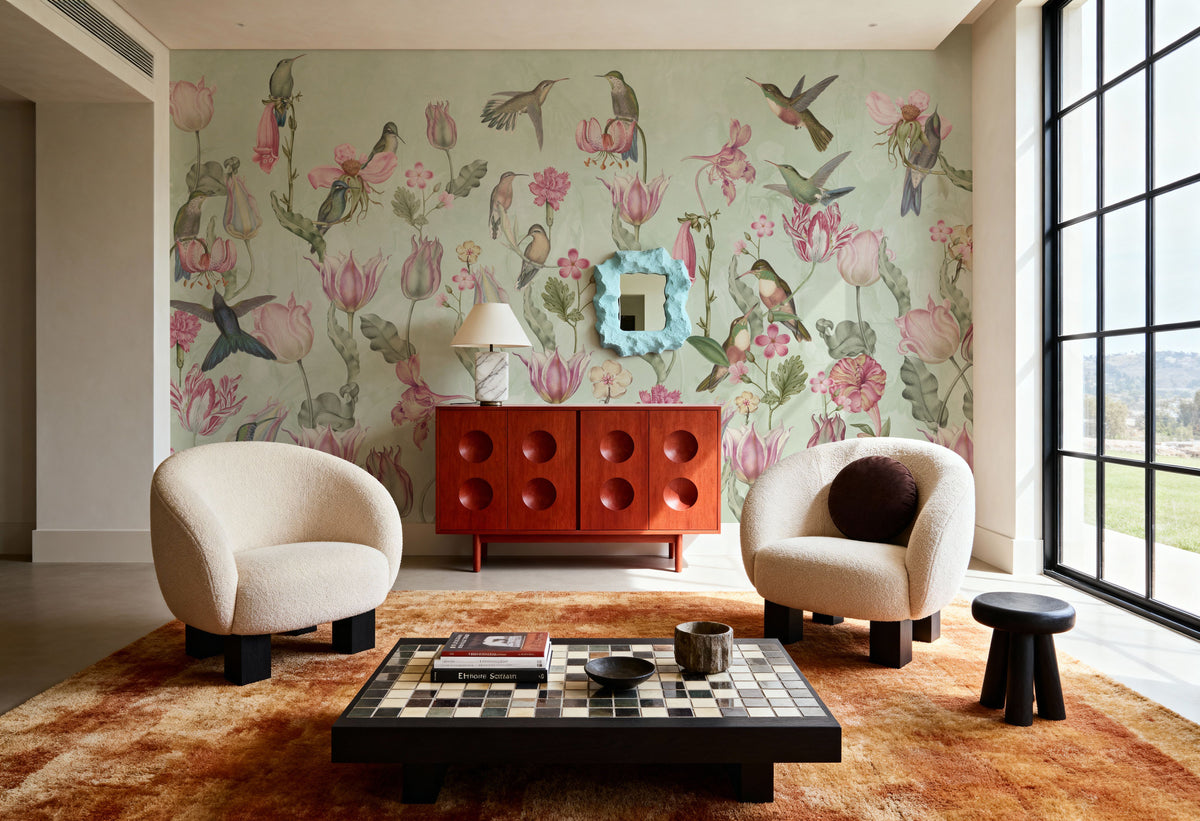 Tulips & Birds, Mint Mural Wallpaper - room preview 06