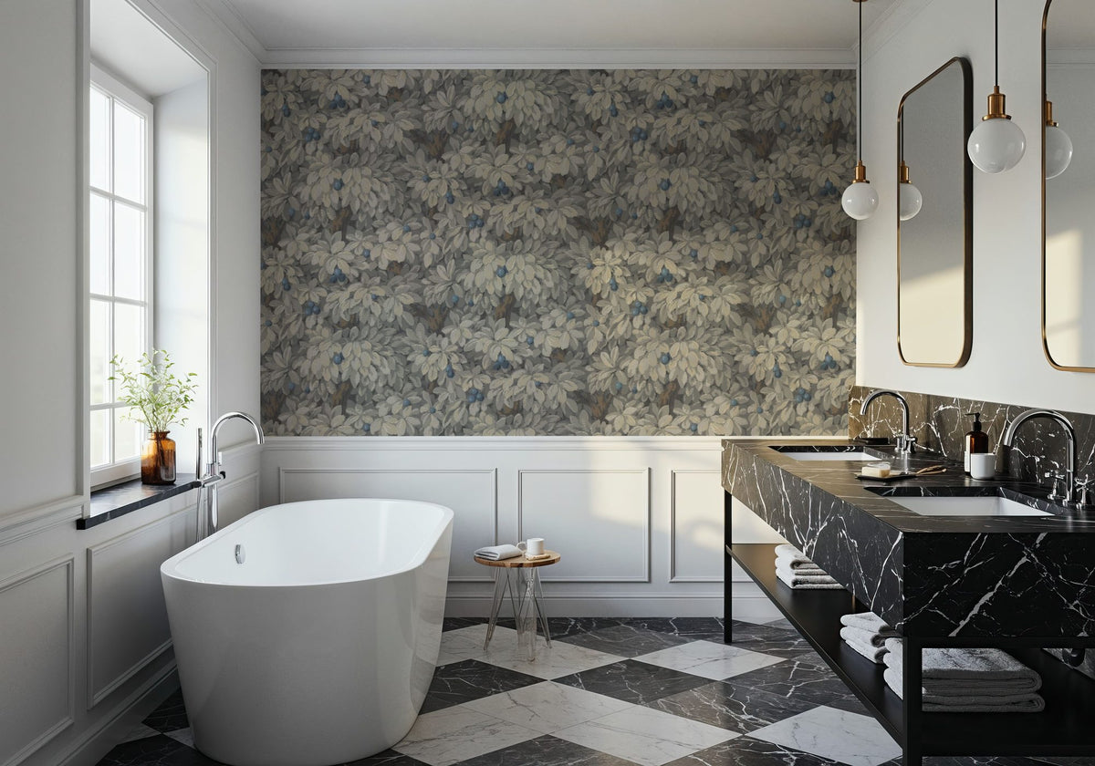 Fruit Tree Bower, Blue on Mauve Mural Wallpaper - room preview 06