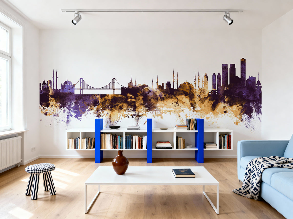 Istanbul Turkey Skyline Purple & Gold Mural Wallpaper - room preview 06