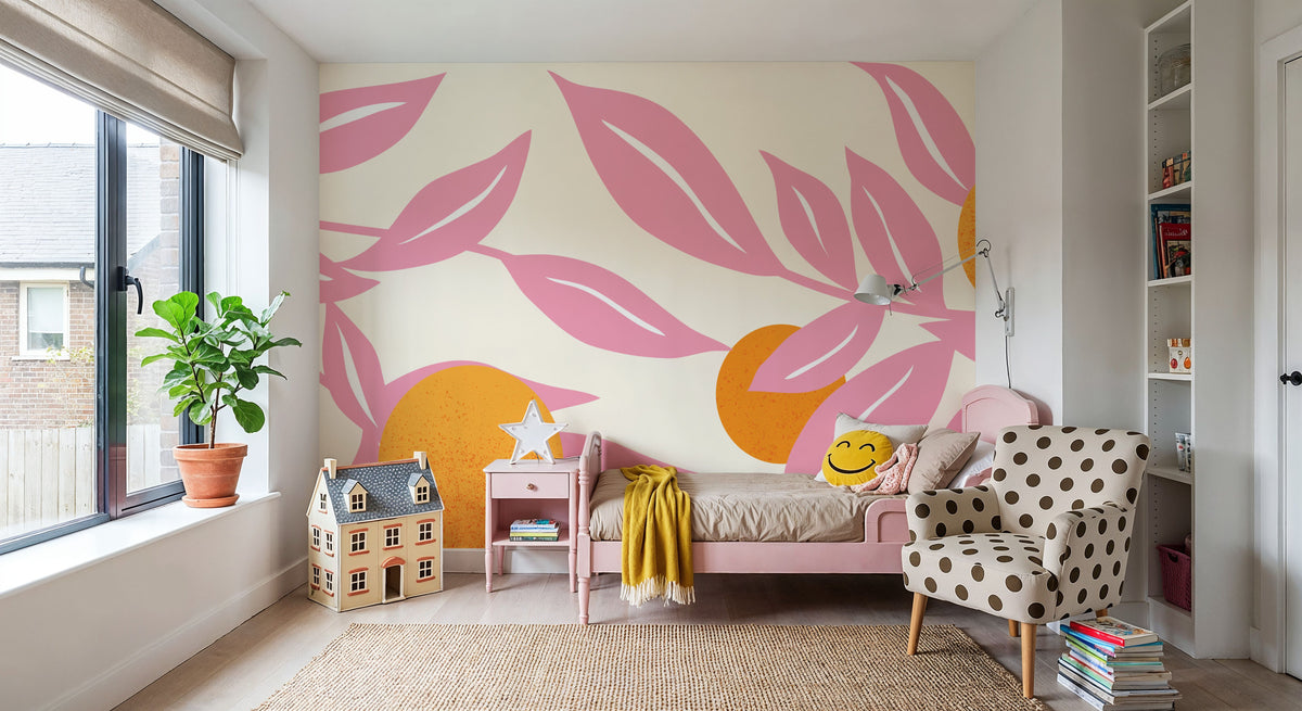 Stylized Flowers in Pink Mural Wallpaper - room preview 06