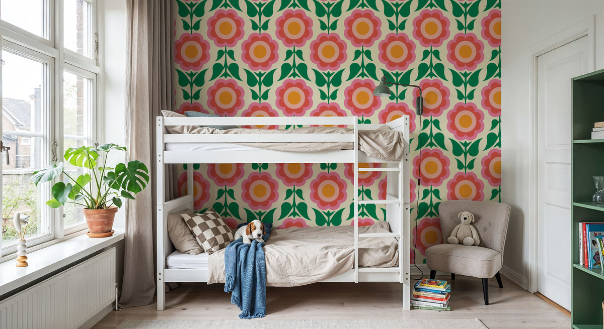 Retro Bold Blooms, Pink Mural Wallpaper - room preview 06