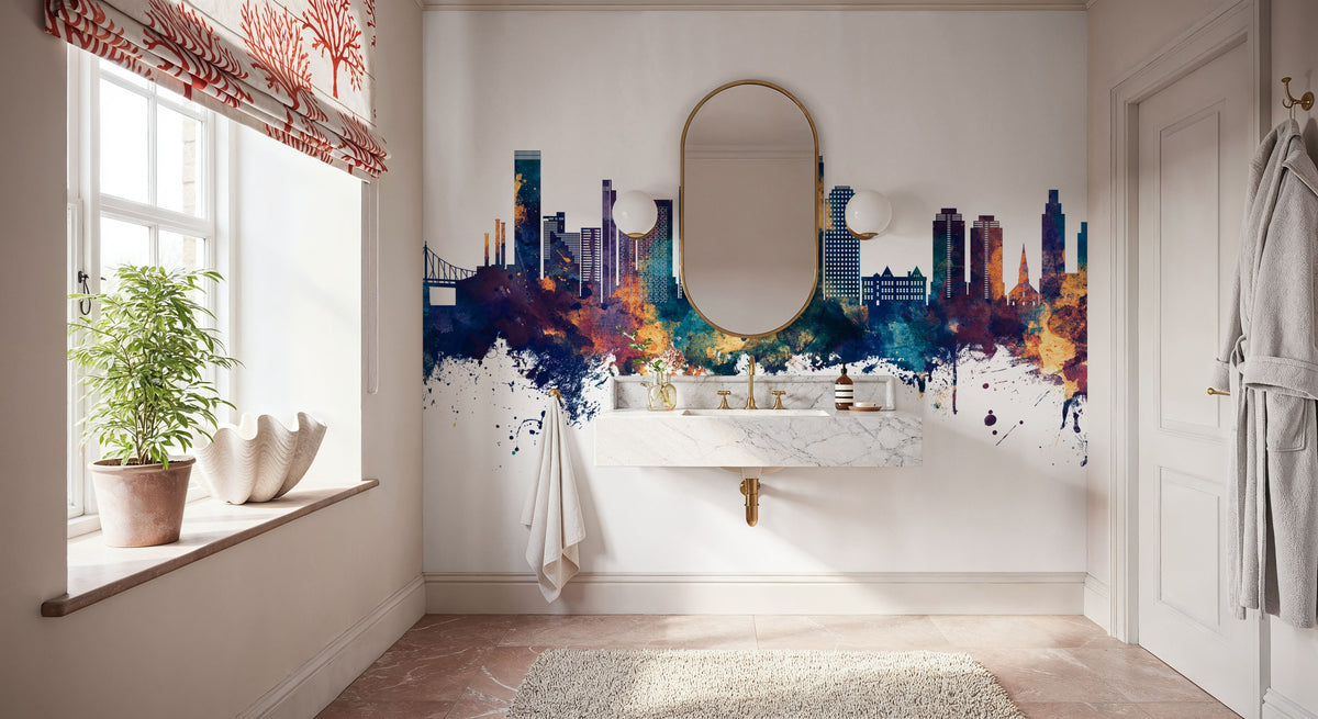Queens New York Skyline Blue & Bronze Mural Wallpaper - room preview 06