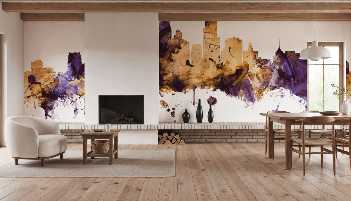 Minneapolis Minnesota Skyline Purple & Gold Mural Wallpaper - room preview 06