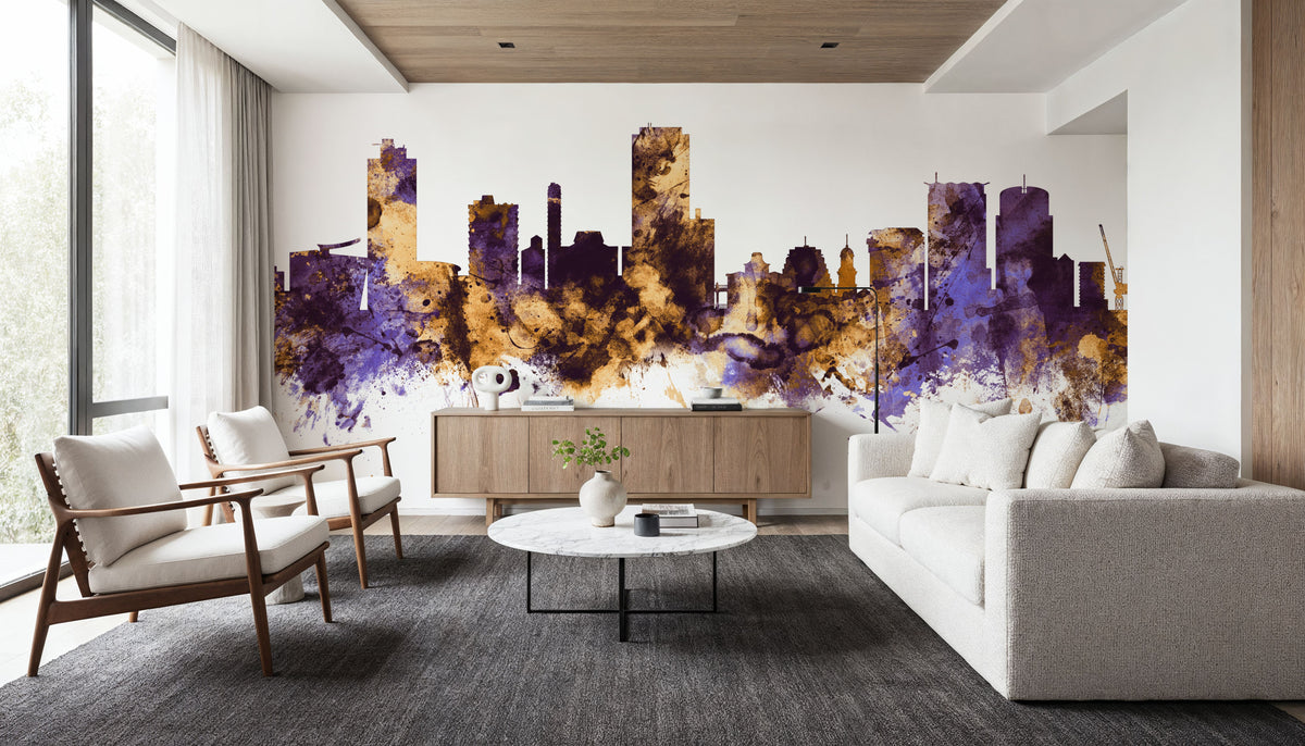 Wellington New Zealand Skyline Purple & Gold Mural Wallpaper - room preview 06