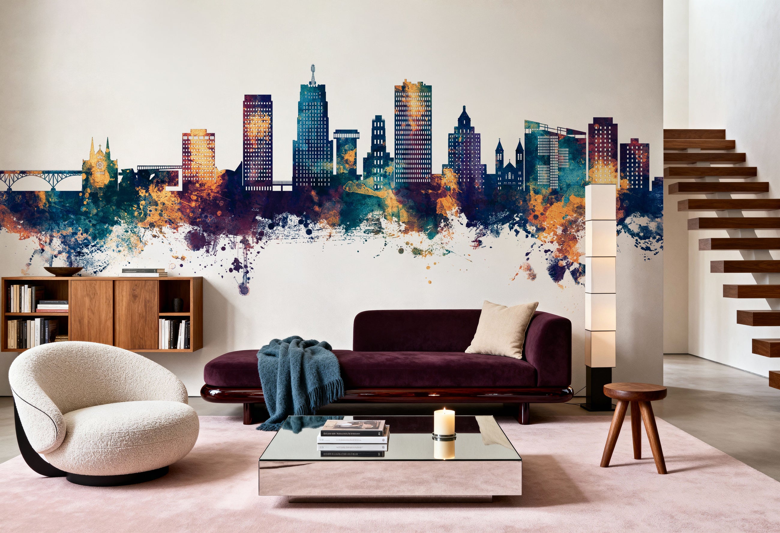 Akron Ohio Skyline Blue & Bronze Mural Wallpaper
