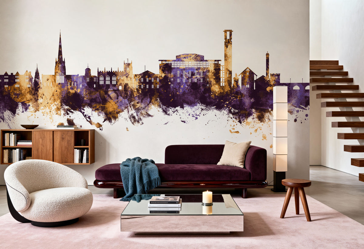 Stratford-upon-Avon England Skyline Purple & Gold Mural Wallpaper - room preview 06