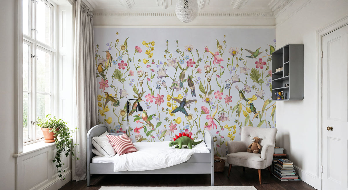 Bird Garden Light Blue Mural Wallpaper - room preview 06