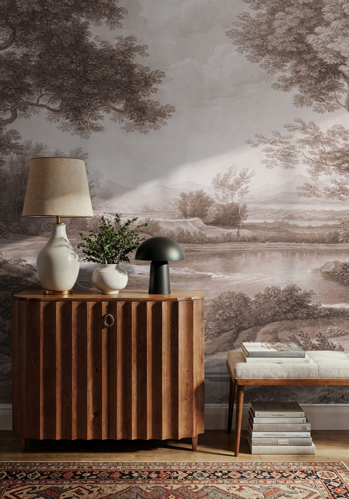 Riverbank Oak Landscape, Sepia Mural Wallpaper - room preview 06