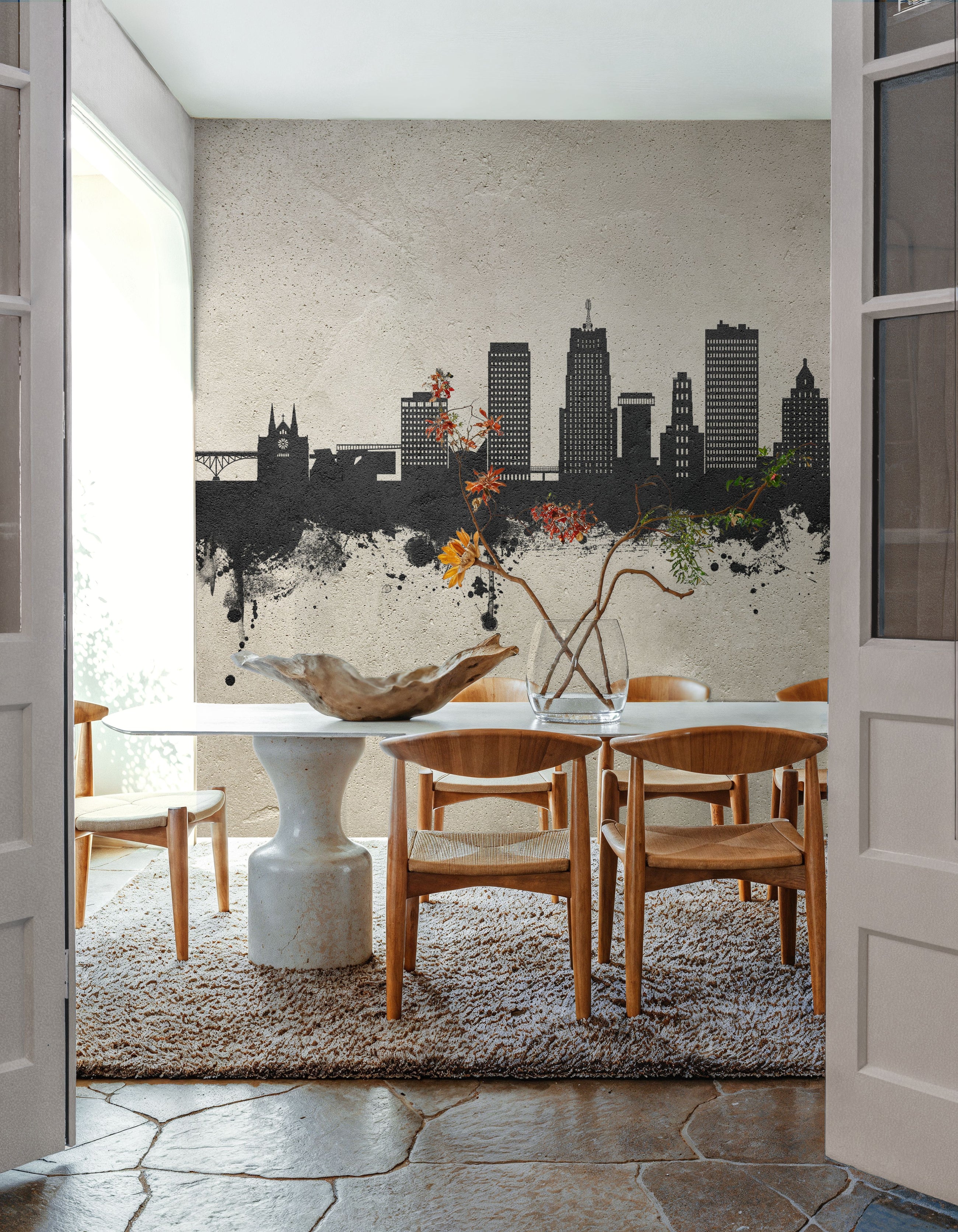 Akron Ohio Skyline Concrete Mural Wallpaper