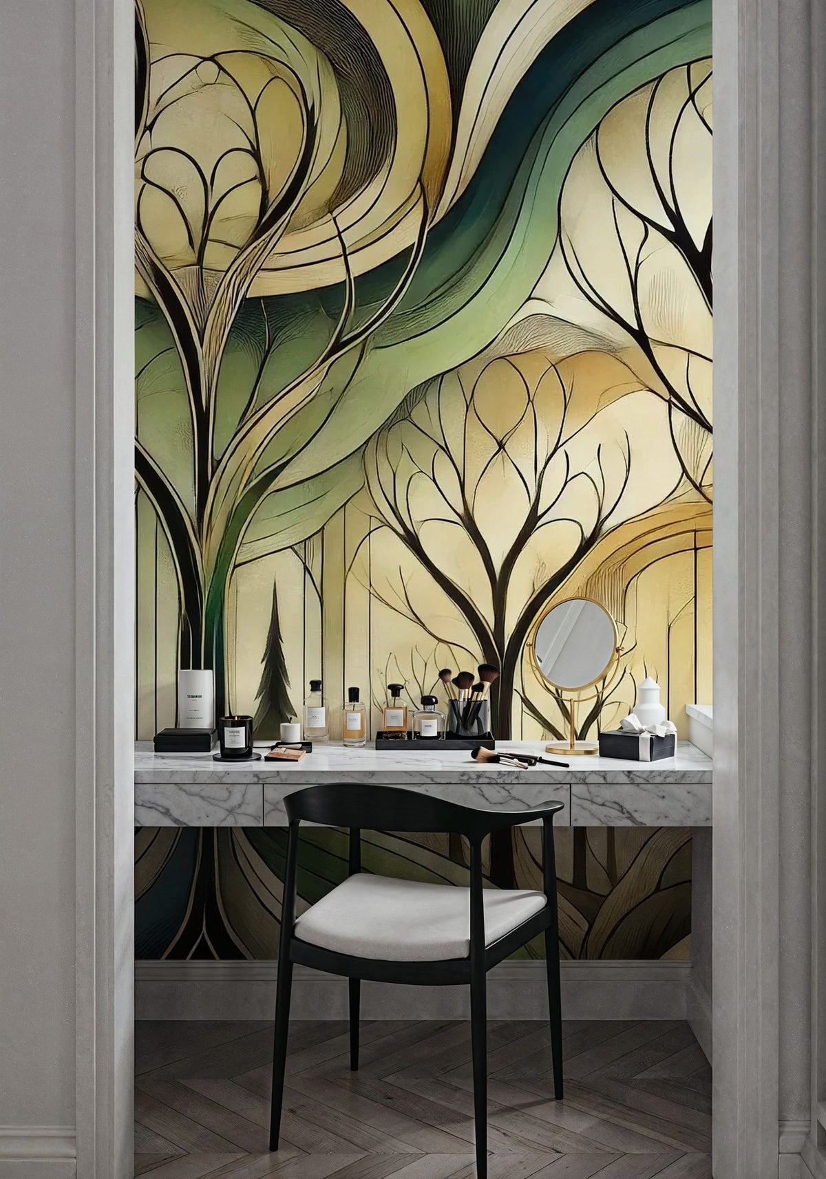 Vintage Treescape Essence in Art Deco Mural Wallpaper - room preview 06
