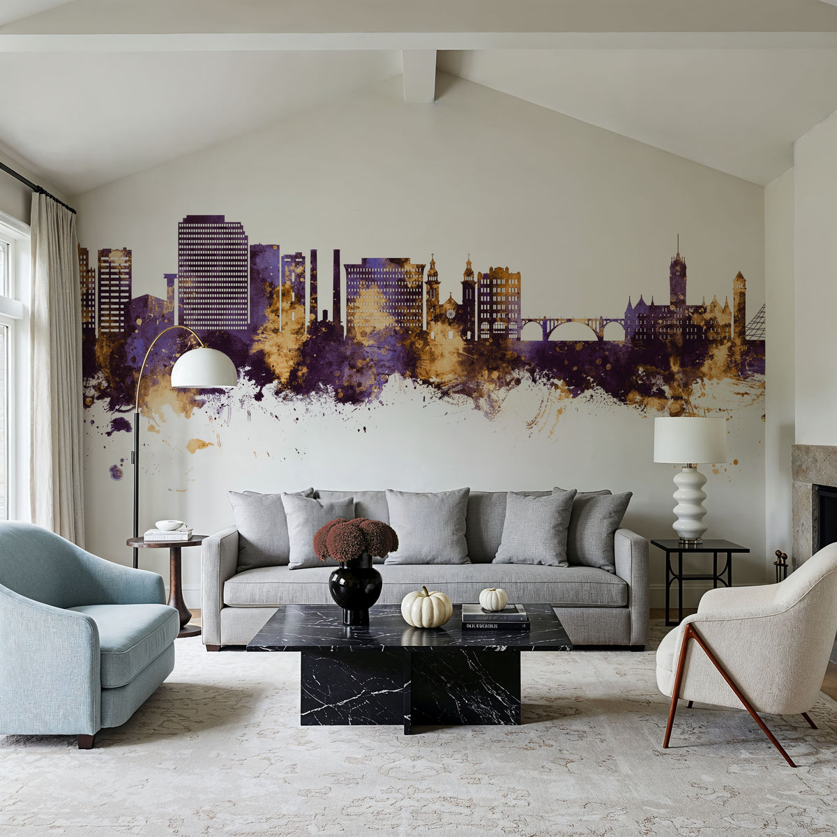 Spokane Washington Skyline Purple & Gold Mural Wallpaper - room preview 06